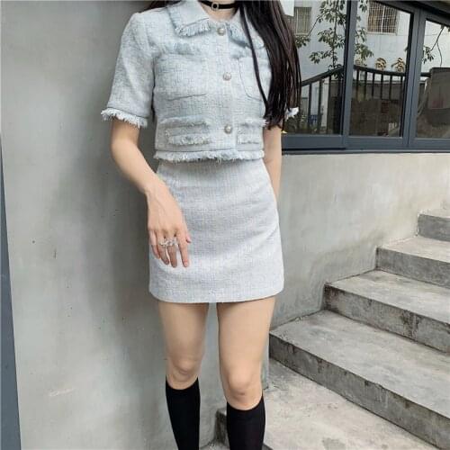 Elegant Summer Tweed Skirt Suit autumn New Women Sexy Short Sleeve Single-Breasted Crop Tops + Mini Skirt Set Two Piece Outfits