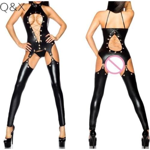 M-3XL Sexy Tie Underwear With Gather Teddies 2018 Women Bodysuit Halter Plus Size Lingerie Faux Leather Costume Erotic Jumpsuit
