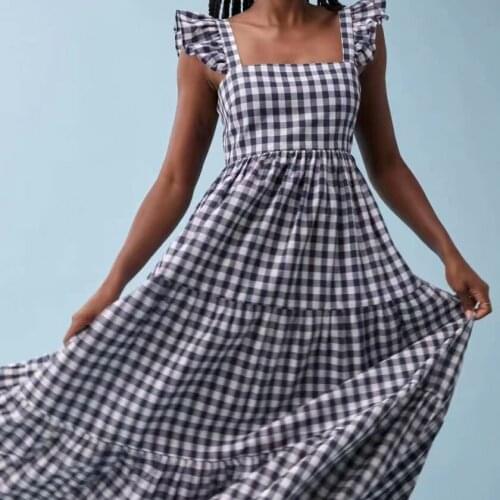 Women Summer Dress Ruffles Black Plaid Casual Loose Folds Beach Sleeveless Dress Woman Vacation 2021