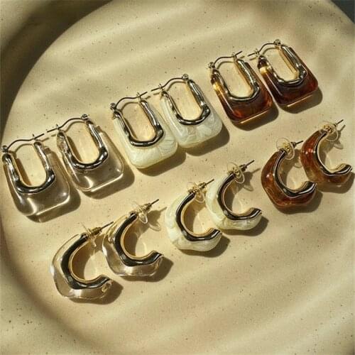 2021 Retro Transparent Resin Geometric Irregular C-shaped Water Drop Stud Earrings for Woman Girls Party Travel Jewelry
