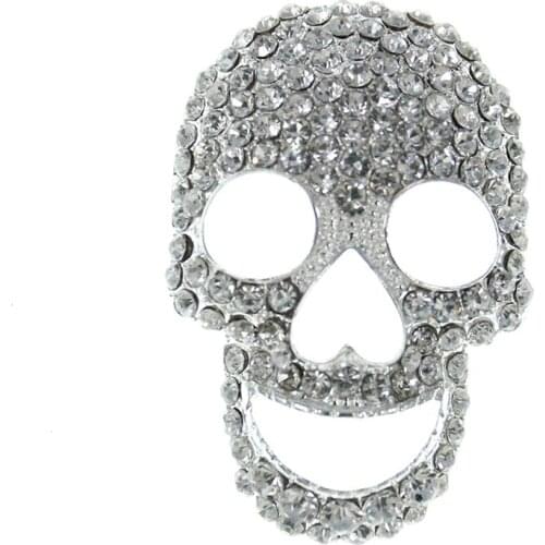 30pcs/lot Silver Tone 9cm Halloween Skull Clear Rhinestone Pin Brooch