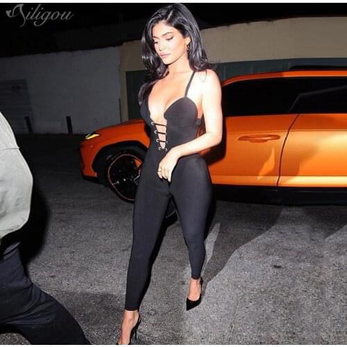 Ailigou 2021 New Summer Womens Bandage Jumpsuit Hollow Sexy V-neck Halter Sleeveless Long Jumpsuit Celebrity Party Jumpsuit