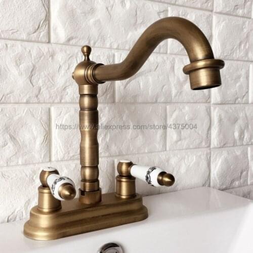 Antique Brass Bathroom Basin Sink Faucet Double Handle Basin Vessel Double Hole Sink Mixer Tap Counter Basin Faucet Nan067
