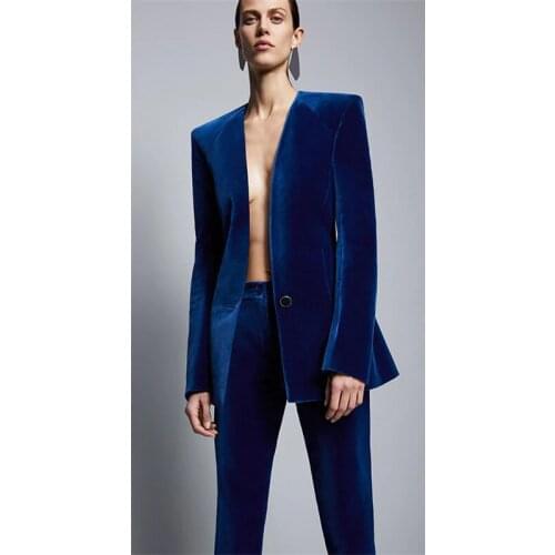 Velvet Blue Business Pant Suits for Women Ladies Single Breasted Blazer with Pants Womens Work Pantsuit Custom Made