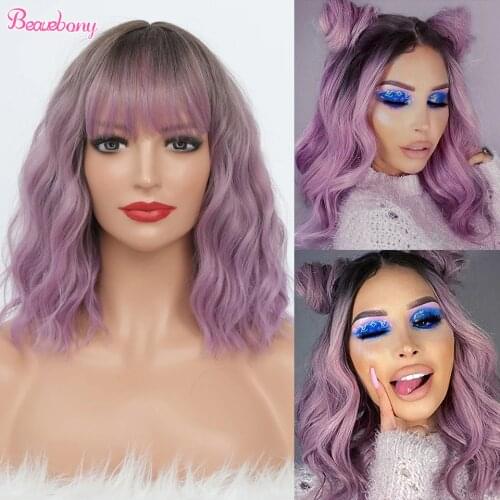 Short Bob Light Brown Synthetic Wig With Bangs For Women Cosplay Curly Wigs Black Blue Purple High Heat Resistant Synthetic Wigs