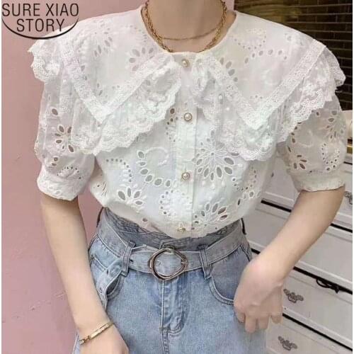 White Lace Shirt Women Hollow Out Tops Korean Chic Short Sleeve 2021 Summer Loose Shirt Female Casual Solid Shirts Blusas 13608