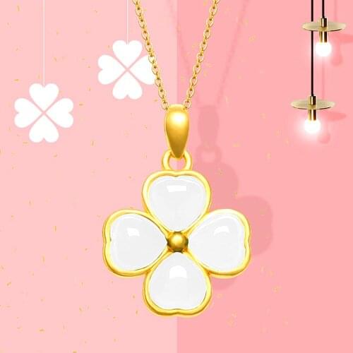 Classical clover white jade gemstones pendant necklaces for women 18k gold color choker chain jewelry bijoux gifts accessories