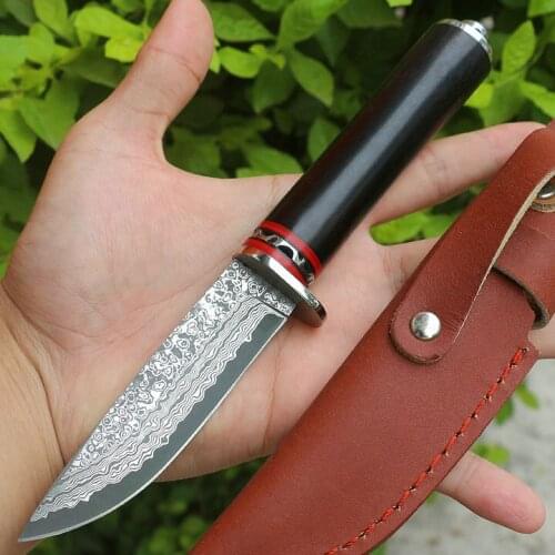 Valuable Black Sandalwood Damascus Hand Knife all steel+fine inlaid natural valuable Ebony Wood Handle Survival Hunting EDC TOOL