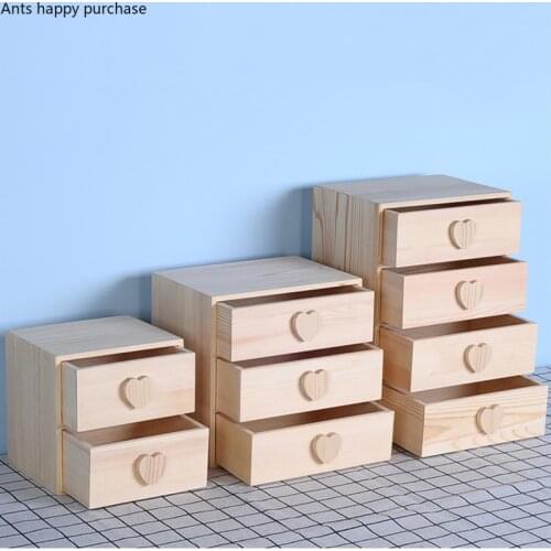 Solid Wood Storage Box Multilayer Drawer Type Wooden Box Heart Shaped Handle Office Desktop Organizer Decorative Storage Cabinet