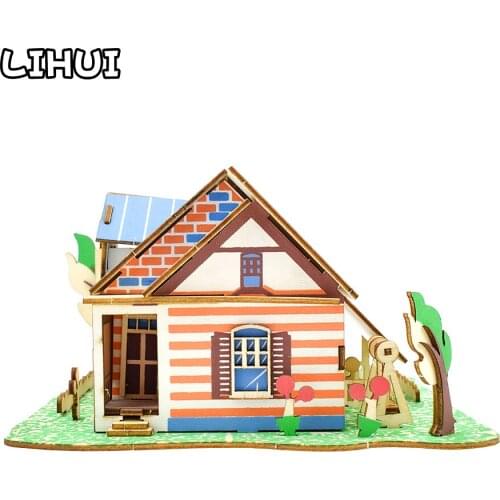 Kids Puzzle Wooden 3D Building House Jigsaw Architecture DIY Cartoon Villa Assembled Model Educational Puzzles Toys for Children