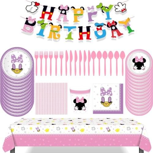 Disney Minnie Mouse Daisy Theme Birthday Party Supplies Banner Bunting Paper Cup Towel Plate Disposable Tableware Set Decoration