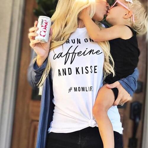 I Run on Caffeine and Kisses Print Plus Size T Shirt Women Causal Loose Cotton Tshirt Aesthetic Mom Life Oversized Top Drop Ship