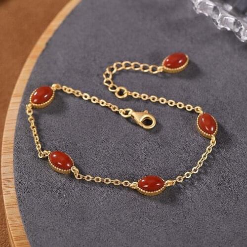 Natural Hetian Jade S925 Sterling Silver Southern Red Agate Unique Geometric Temperament Wild Light Luxury Ladies Bracelet