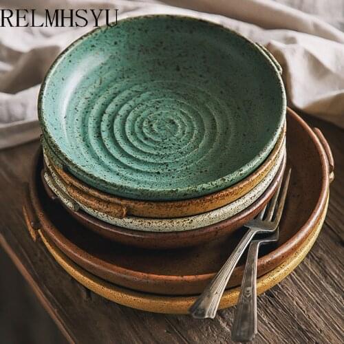 1PC RELMHSYU European Style Ceramic Retro Double Ear Round Steak Steak Western Dessert Plate Restaurant Tableware Household