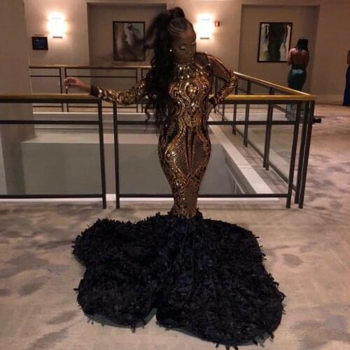 Beautifulinwhite Gold and Black Mermaid Prom Dresses 2019 New Design Long Sleeves Leaves Bottom Black Girls Evening Gowns BP033