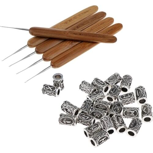 5pcs 0.5mm Latch Hooks Crochet Needles with 24pcs Viking Runes Beads for Hair Beard Pendants Necklace DIY Braiding Micro Braids