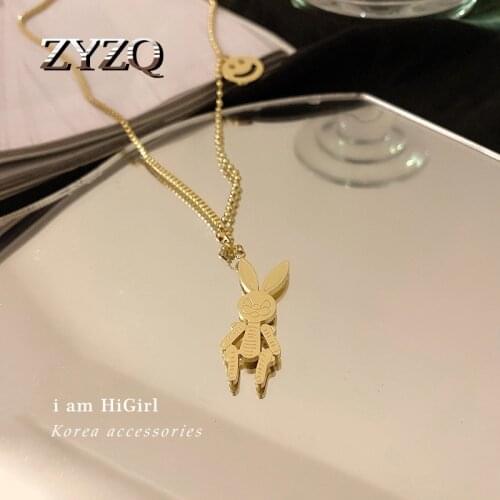 ZYZQ Fashion Stainless Steel Jewelry Rabbit Pendant Necklace Engraved Letters Titanium Choker Collares Necklace for Women Girls