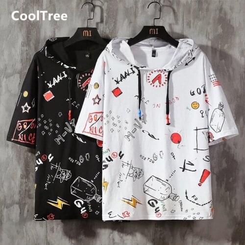 CoolTree Men Cotton T-shirts Summer Fashion printing Short sleeve Hooded T shirt Male Hip Hop High street Tees Casual Streetwear