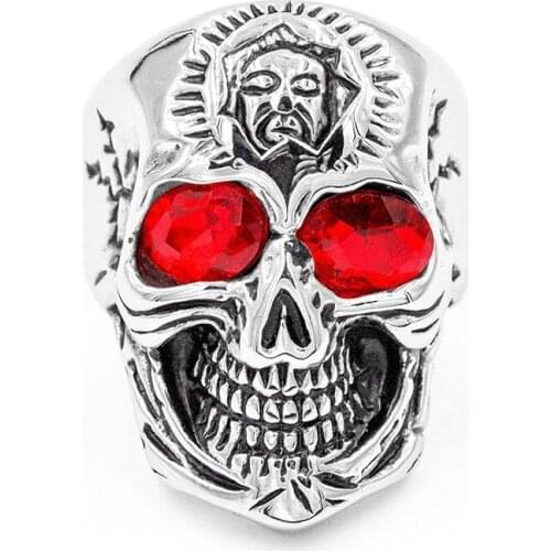 RIR Stainless Steel Red Eyes Skull Ring Mens Skull Head Rings with Crystal Eyes Biker Punk Jewelry 2018