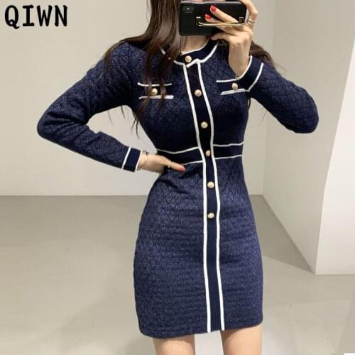 New 2020 Autumn Knitted Dress Women Long Sleeve Slim Office Korean Sweater Dresses Woman Winter One Piece Midi Dress Female Robe