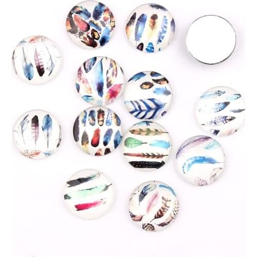 New Round Feather Glass Cabochon 10/12/16/18/20/25mm Flatback Dome Cabochon Embellishments Base Setting DIY Accessories Jewelry