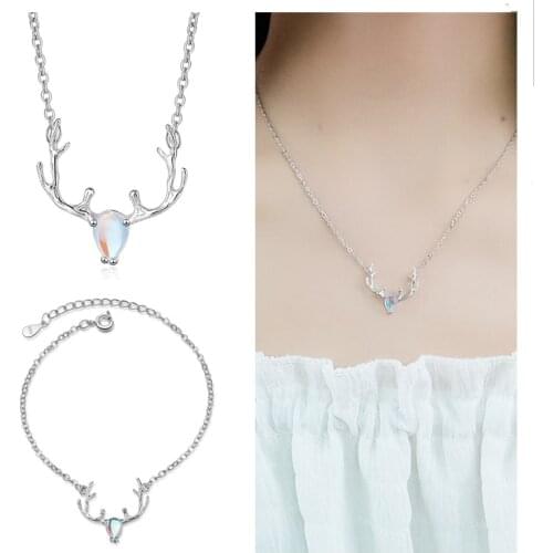 Top Quality Silver 925 Sterling Bracelets Women Jewelry Cute Sika Deer Pendant Girls Moonstone Choker Necklaces Set Female Bijou