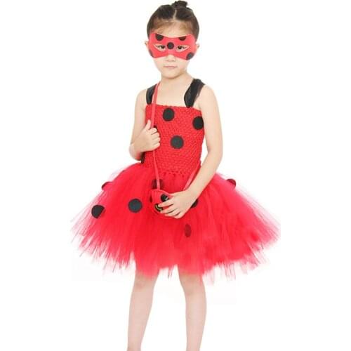 Girls Ladybug Tutu Dress Kids Ladybug Halloween Birthday Insect Animal Costume Girls Fancy Dress with Masks Bag