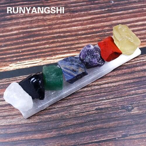 Runyangshi 7pc / set natural crystal seven chakras Large unpolished raw stone Healthy energy cure quartz + Gypsum rod base