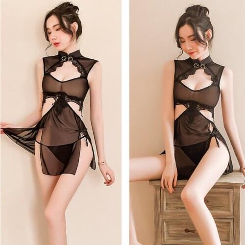 Sexy Lingerie Fashion Stand-Up Collar Chest Hollow Lace Exquisite Embroidery Retro Lace See-Through Cheongsam Uniform Temptation