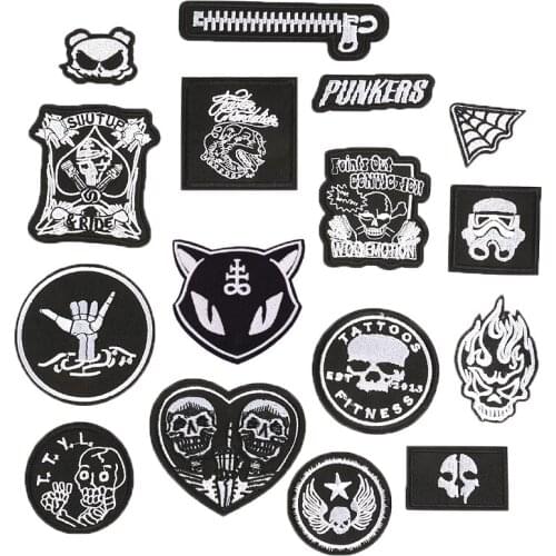 Dark Punk Embroidery Back Patches for Stripes on The Backpack Stickers on Fabric Iron on Clothes Skeleton Cat Skull Appliques