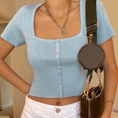 Women Ladies Summer Casual Sweet Cropped Shirt Solid Color Short Sleeve Square Collar Single-breasted Slim Wild Knitted Top