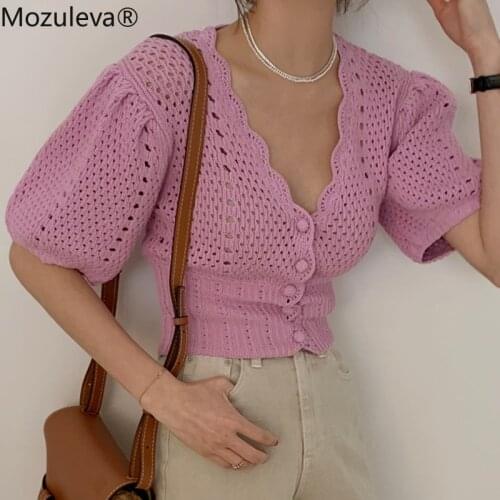 Mozuleva New 2021 Summer Korean Style Blouses Shirts V-Neck Vintage Fashionable Cutout Knitted Lady Wild Pink Short Tops