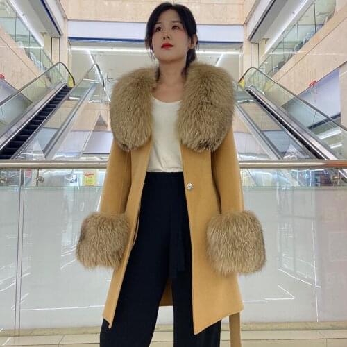 Real Fur Coat Women Cashmere Jacket Natural Fox Fur Collar And Cuffs Female Autumn Winter Long Warm Outwear High Quality