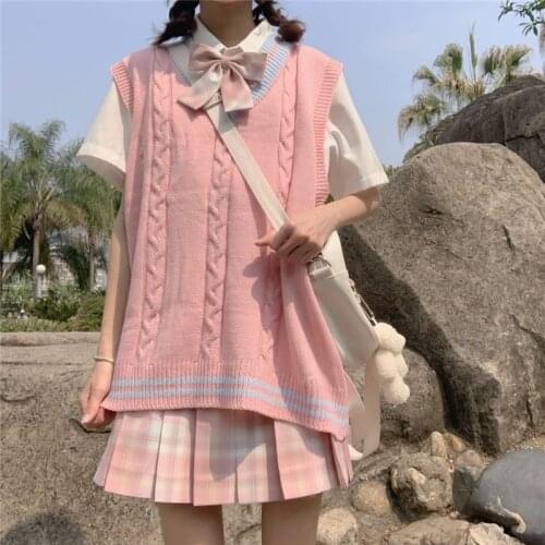 2021rhombus sweater vest preppy kawaii female autumn winter new cute pink jacket coat loose knit vest student cool streetwear