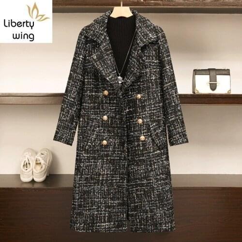 Winter Women Loose Wool Blends Overcoat Designer Double Breasted Tweed Coat Fashion Office Lady Lapel Long Jacket Plus Size 5XL