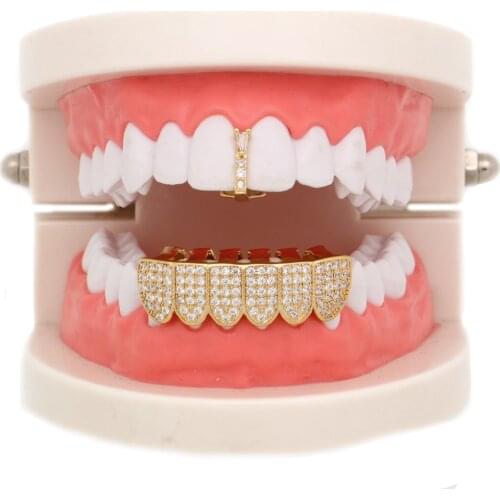 Iced Out Gold Color Color Teeth Grillz For Wiomen Men Top Bottom Crystal Grills Mouth Fake Teeth Caps For Party Tooth Jewelry