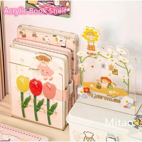 Tulip Kawaii Acrylic Book Stand Transparent Desk Organizer Office Desktop Book Storage Holder Creative Book Accessories