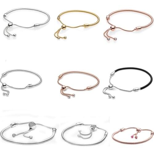 Free Shipping Authentic Moments Black Leather Snake Chain Slider Bracelet Fit Original Charm For Women DIY Jewelry Pave Heart