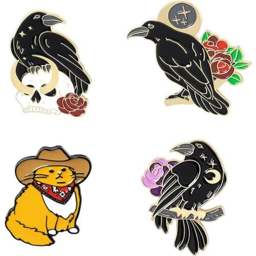 Black Bird Badges Enamel Brooches Cat Pins On Backpack Cute Animal Anime Badges Lapel Pins Large Brooch Womens Pin Accessories