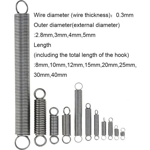 10PCS 304 Stainless Steel Dual Hook Small Tension Spring Hardware Accessories Wire Dia 0.3mm Outer Dia 2.8 3 4 5mm Length 8-40mm