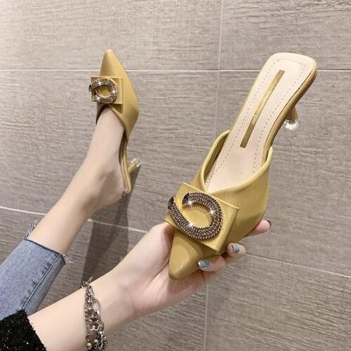 Elegant Rhinestone Square Buckle Pointed-toe Slippers Womens Outer Wear 2021 Spring and Summer New Stiletto High-heel Sandals