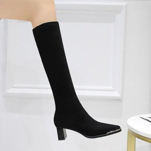European and American Fashion Simple Thick-heeled High-heeled Metal Square Toe Iron Head Suede Sexy Nightclub Slim High Boots 39