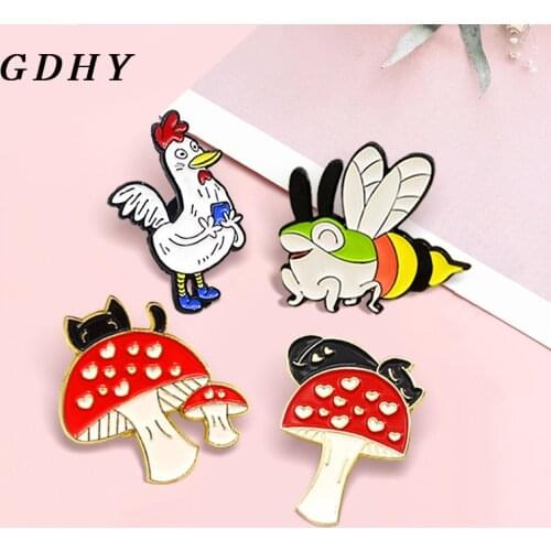 GDHY Chicken Black cat Dragonfly Frog Honeybee Enamel Pin Cartoon Mushroom Cock Duck Happy animals Brooches Lapel Badge Jewelry
