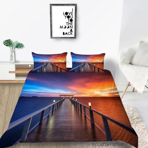 Hot Sale Bed Set Single Beautiful Sunset Duvet Cover Sea Print Queen Twin Full Double King Landscape Bedding Set Pier