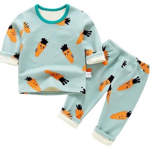 Autumn Winter New Baby Clothes Sets Cartoon Pattern Long Sleeve O Neck Thicken Velvet Pullover Tops + Pants 2pcs Warm Outfits