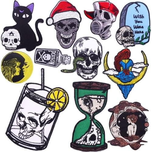 Punk Patch Skull Embroidered Patches For Clothing Thermoadhesive Patches Iron On Patches On Clothes DIY Moon Girl Stripes Patch