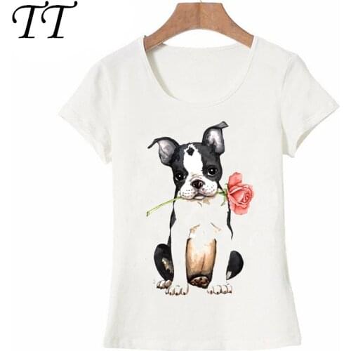 2021 New Valentine Rose maiden T-Shirt Summer Hipster women t-shirt funny Boston Terrier dog design sweet Tops casual ladies Tee