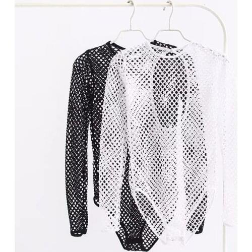 New Sexy Hollow Out Mesh Bodysuits Black Backless Long Sleeve Bodysuit Women Beach Wear Rompers Womens Jumpsuit