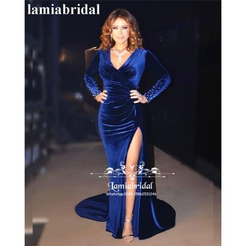 Sexy Royal Blue Velvet Mermaid Evening Dresses 2019 Abendkleider Plus Size V Neck High Split Long Sleeves Formal Prom Party Gown
