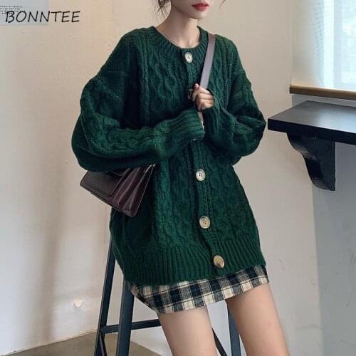 Sweaters Women Knitting Long Sleeve Loose Lady Clothing Pure Cardigans Single Breasted Teens Chic Vintage O-Neck College Female